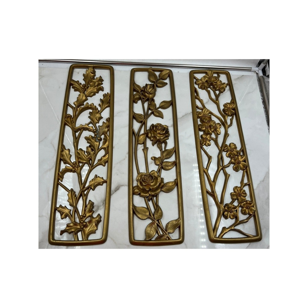 VTG Dart Industries Gold Floral Wall Plaques Set of 3 MCM Hollywood Regency